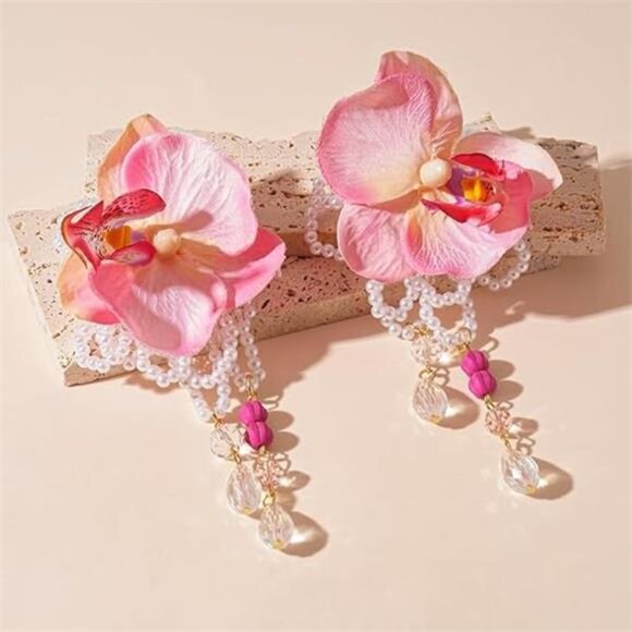 Butterfly Orchid Flower Earrings – Boho Pink Floral Dangle Earrings - Picture 2 of 5